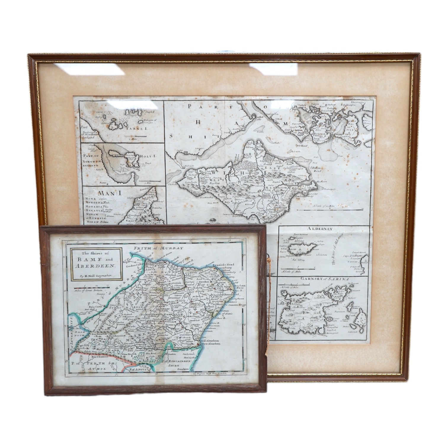 Two engraved maps comprising R. Morden (1650-1703), Smaller Islands in the British Ocean, and H. Moll (1654-1732), Bamf and Aberdeen, 37 x 43cm. Condition - fair, discolouration